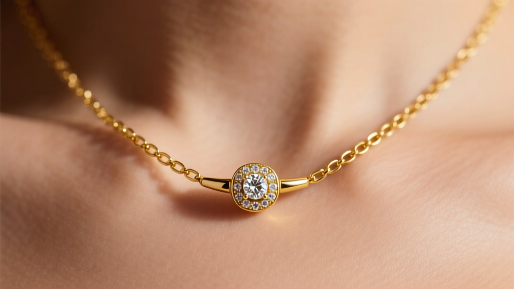 Close-up of minimalist 18k yellow gold vintage lariat necklace threading through a diamond slider ring against warm skin