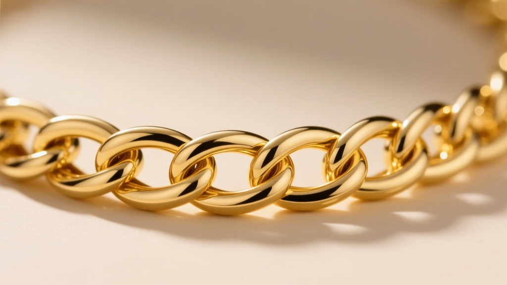 Macro shot of a solid 14k yellow gold Byzantine necklace chain showing the intricate four-in-one interlocking link weave pattern