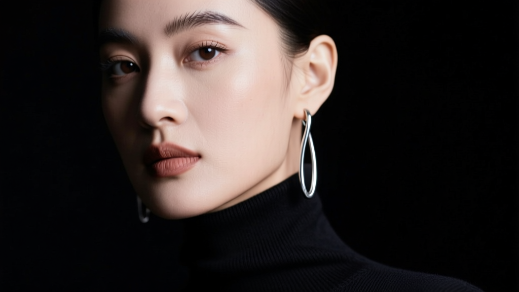Profile of a woman wearing 40mm sterling silver linear drop earrings against a dark turtleneck in moody, dramatic studio lighting.
