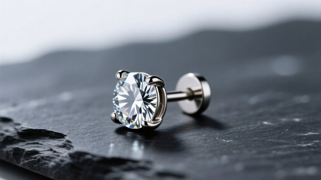 Macro shot of an internally threaded titanium earring post with a bezel-set diamond top resting on dark slate under soft lighting.