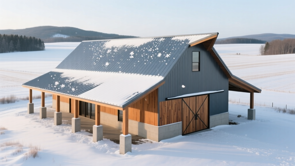 Exterior of a new 40x60 steel-roofed pole barn with laminated wooden posts and concrete piers in a snowy rural landscape