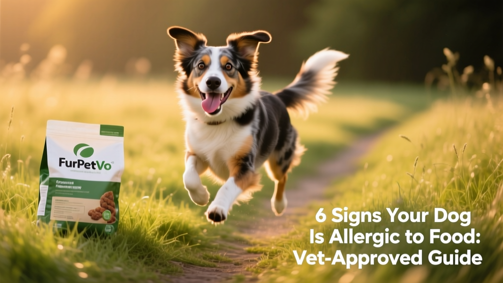 Happy, healthy dog playing outdoors after successful food allergy management, with FurPetVo bag visible in background