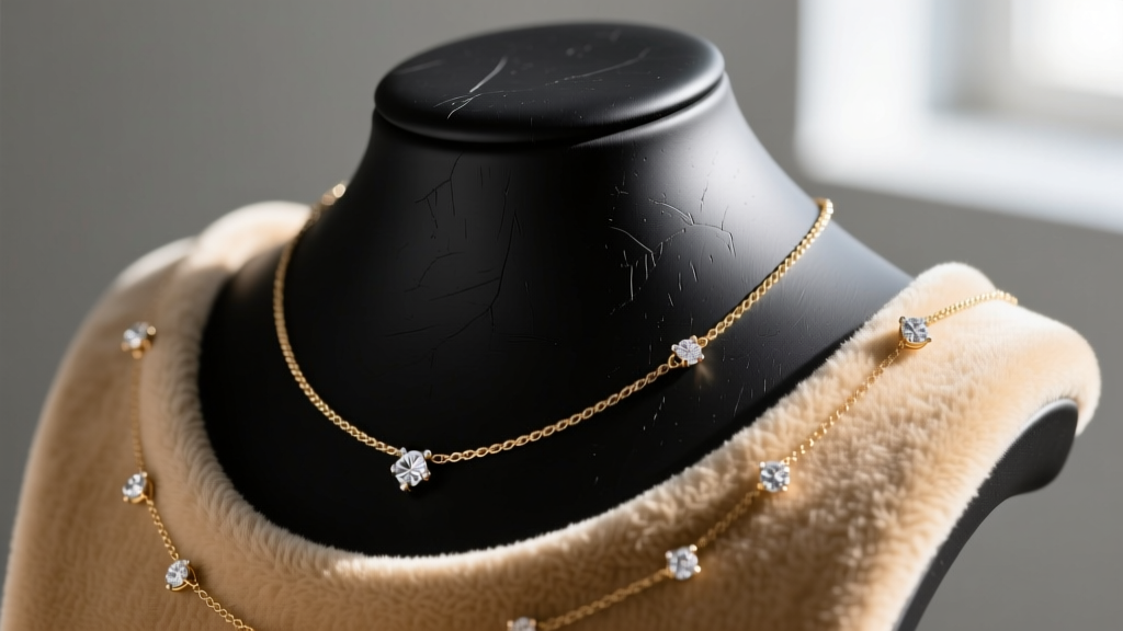 Close-up of matte black silicone and beige velvet necklace mannequin surfaces showing texture contrast for fine jewelry displays
