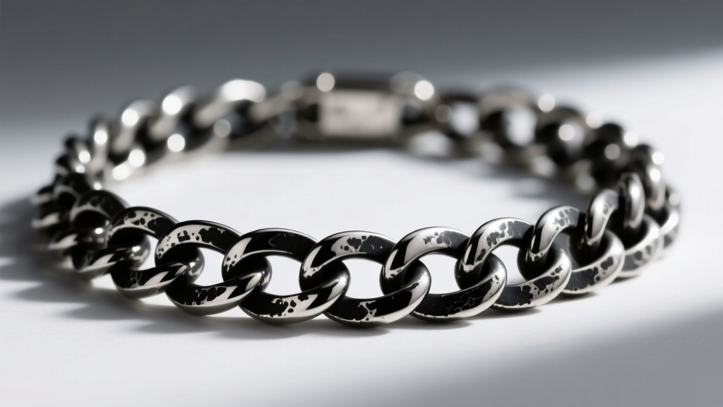 Macro photo of an intentionally oxidized sterling silver chain necklace showing deep blackened crevices and polished high points.