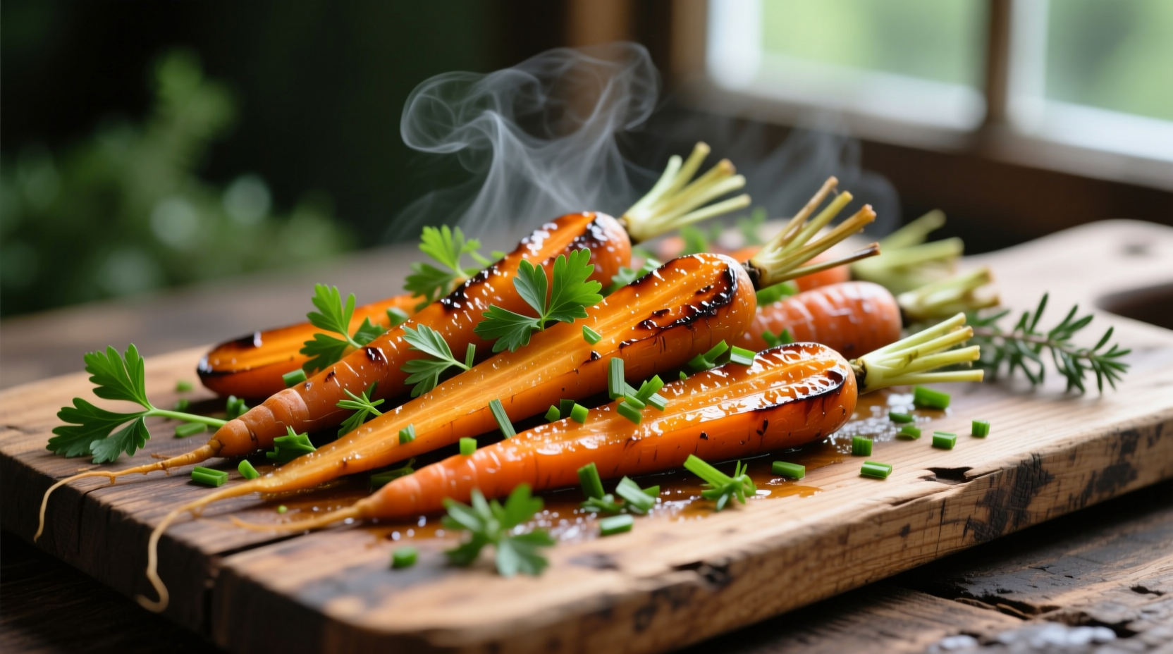 Perfectly roasted carrots with fresh herbs on wooden board