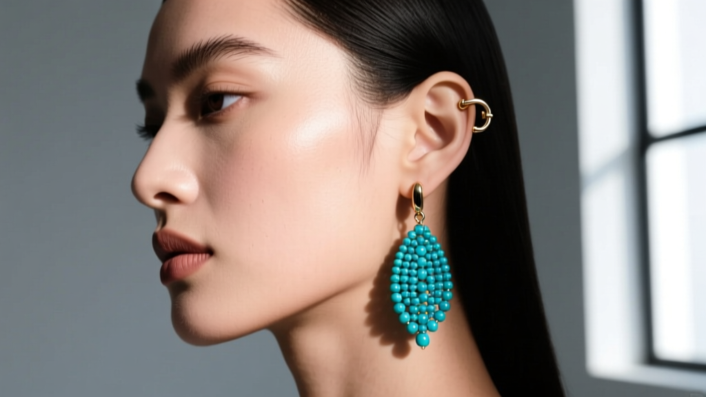 Side profile of a model wearing a heavy turquoise beaded drop earring with a 20-gauge leverback showing perfect earlobe alignment