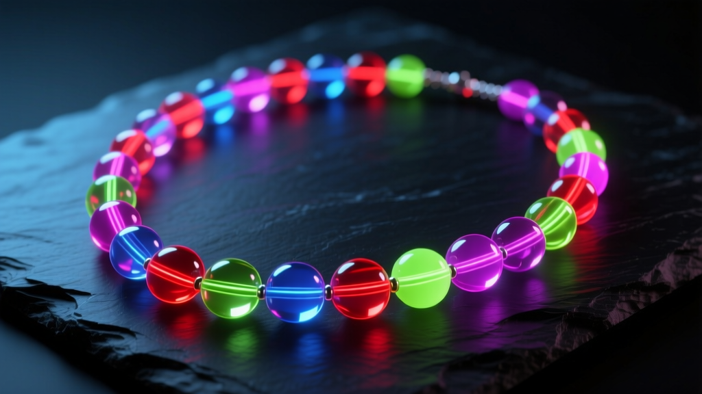 Bright neon bead necklace with glass and acrylic beads on dark slate, lit by ultraviolet light to reveal vivid fluorescent colors