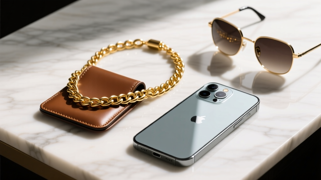 Flat lay of an elevated leather and gold chain phone holder necklace next to a modern smartphone and sunglasses on marble surface