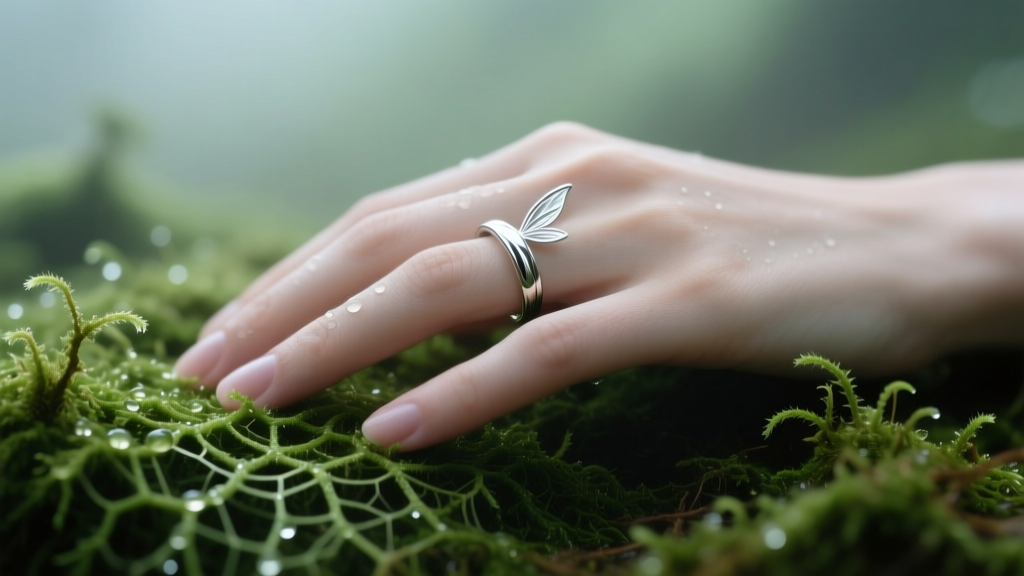 Hand on moss wearing a delicate fairy ring on the index finger, showing the intricate mycelium texture and a polished metal finish