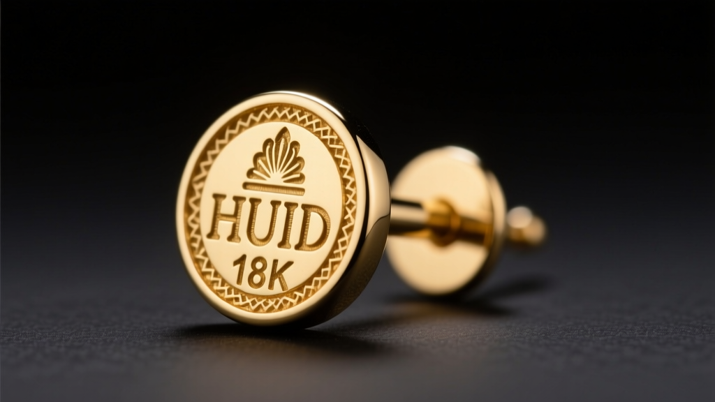 Macro view of a laser-engraved HUID hallmark on an 18k gold Indian stud earring post, lit by a cool directional LED light.