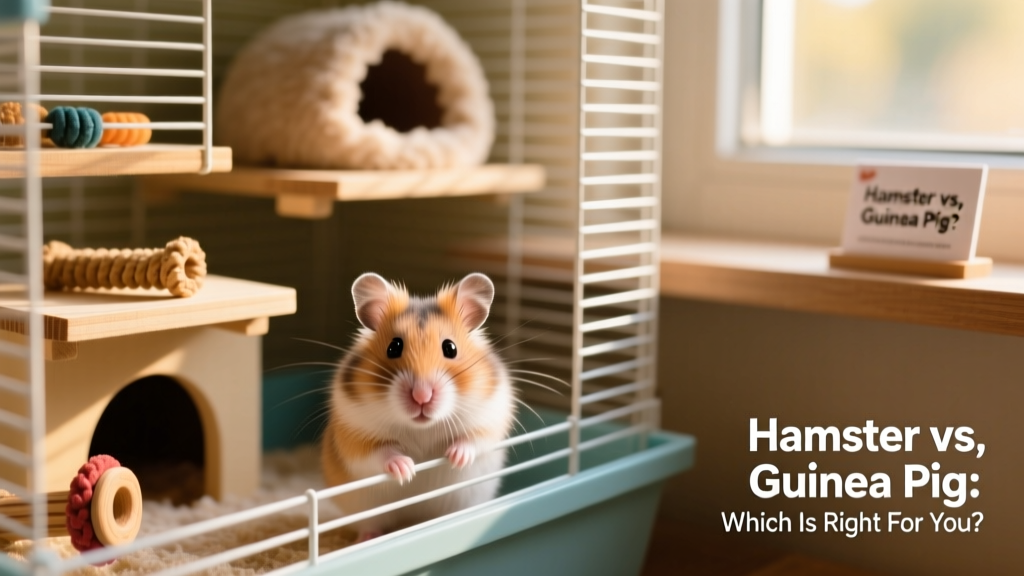 A calm hamster exploring a multi-level cage with tunnels, chew toys, and a cozy nesting area