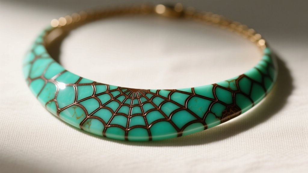 Close-up of a Chinese turquoise necklace with brown spiderweb matrix on a neutral linen background under soft studio lighting.