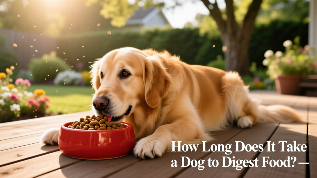 Golden retriever lying down, eating from a red bowl