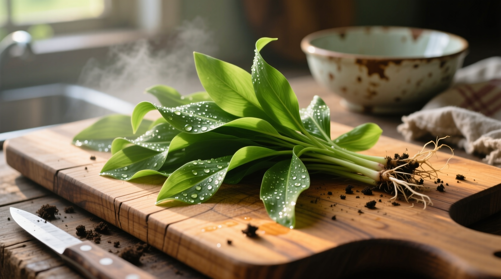 Fresh wild garlic leaves on wooden cutting board