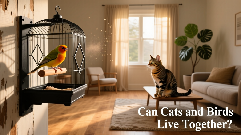 A sturdy, predator-resistant bird cage mounted securely on a wall-mounted bracket, with a cat observing from across the room—out of reach