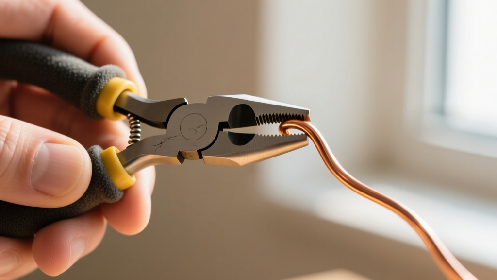 Macro shot of a hand gripping foam-handled chain nose pliers while carefully bending 18-gauge dead soft copper wire.