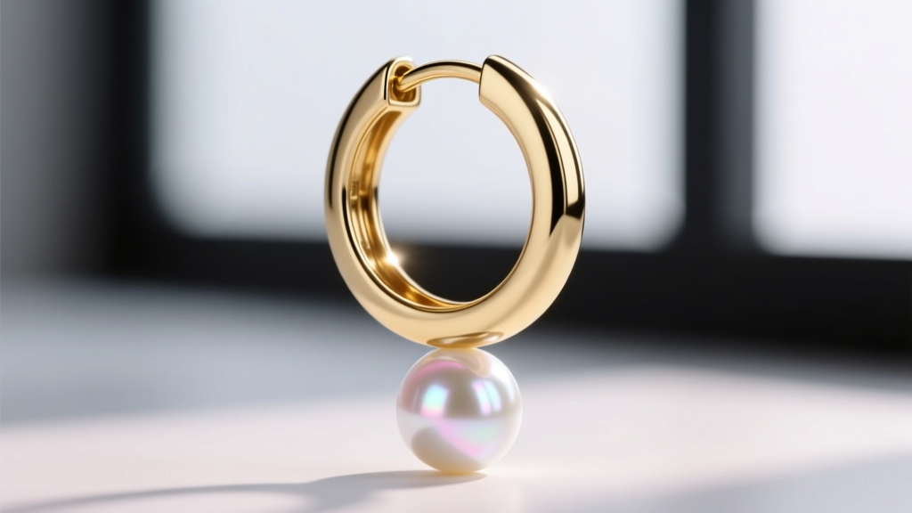 Macro shot of an 18-gauge gold latch-back hoop featuring a single AAA-grade lustrous white Akoya pearl dangling from the base