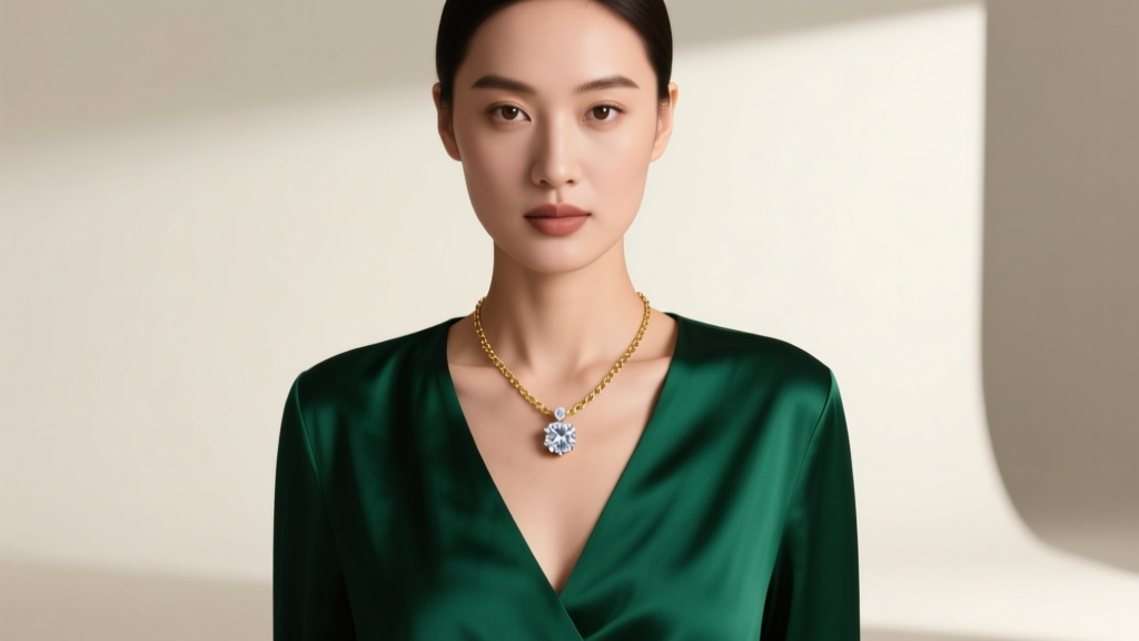 Woman wearing a 2ct diamond pendant layered with a delicate gold satellite chain, paired elegantly with a deep V-neck silk blouse