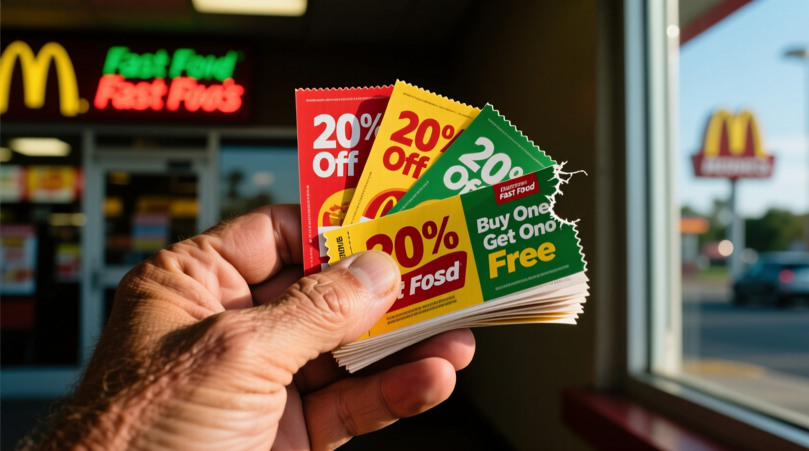 Hand holding physical fast food coupons