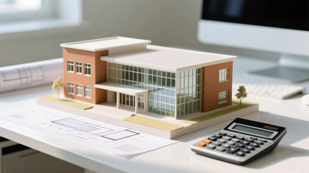 Blueprints and a financial calculator beside a 3D scale model of a modern two-story brick and glass high school building on a bright desk.