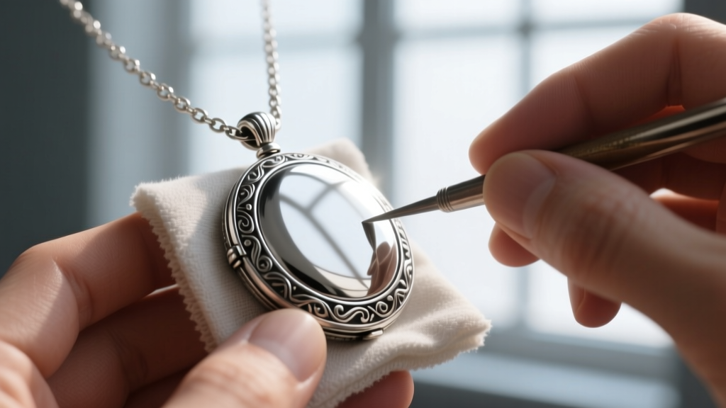 Polishing a sterling silver locket necklace with a microfiber cloth, revealing the bright finish against tarnished silver edges.