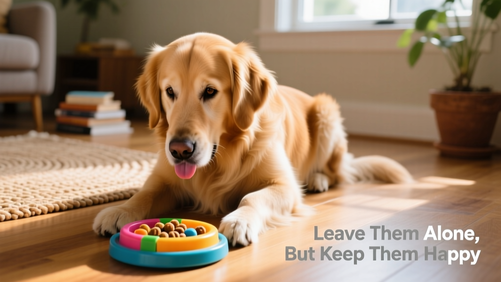 A dog calmly engaged with a treat-dispensing puzzle toy on the floor