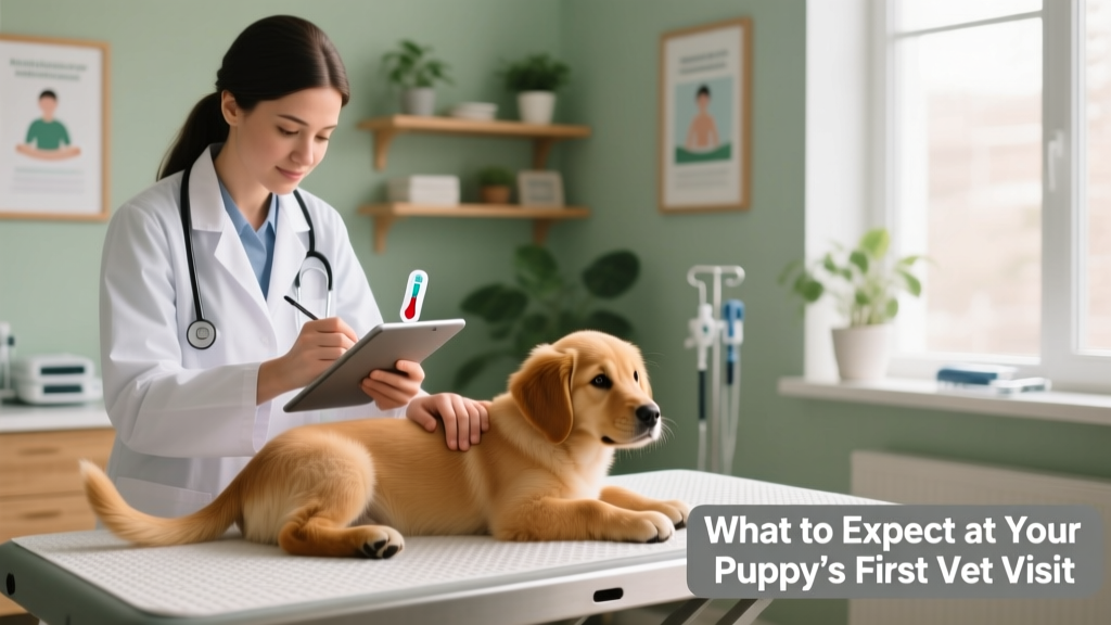 A veterinary technician recording weight and temperature data while a gentle hand holds a relaxed puppy