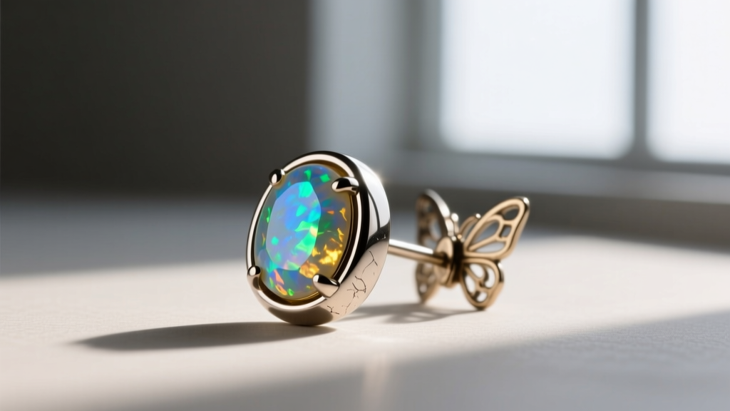 Macro shot of an 18-gauge titanium flat-back earring with a bezel-set opal resting next to a traditional metal butterfly back