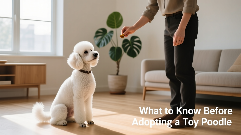 A calm, focused Toy Poodle sitting attentively beside its owner during a basic obedience session indoors