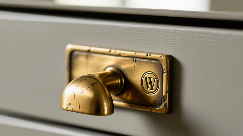 Macro shot of an original brass drawer pull and stamped maker