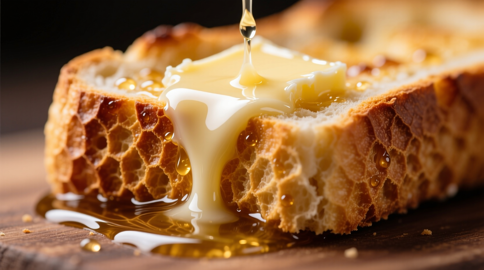 Golden garlic bread with melted butter dripping