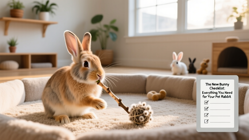 Rabbit playing with a willow ball and chewing on a birch stick inside a spacious, fleece-lined play area