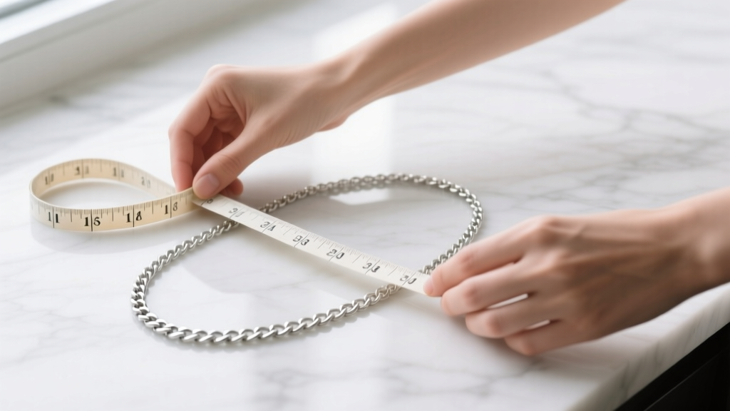 Close-up of hands using a soft fabric measuring tape to measure a silver chain necklace laid flat on a white marble countertop.