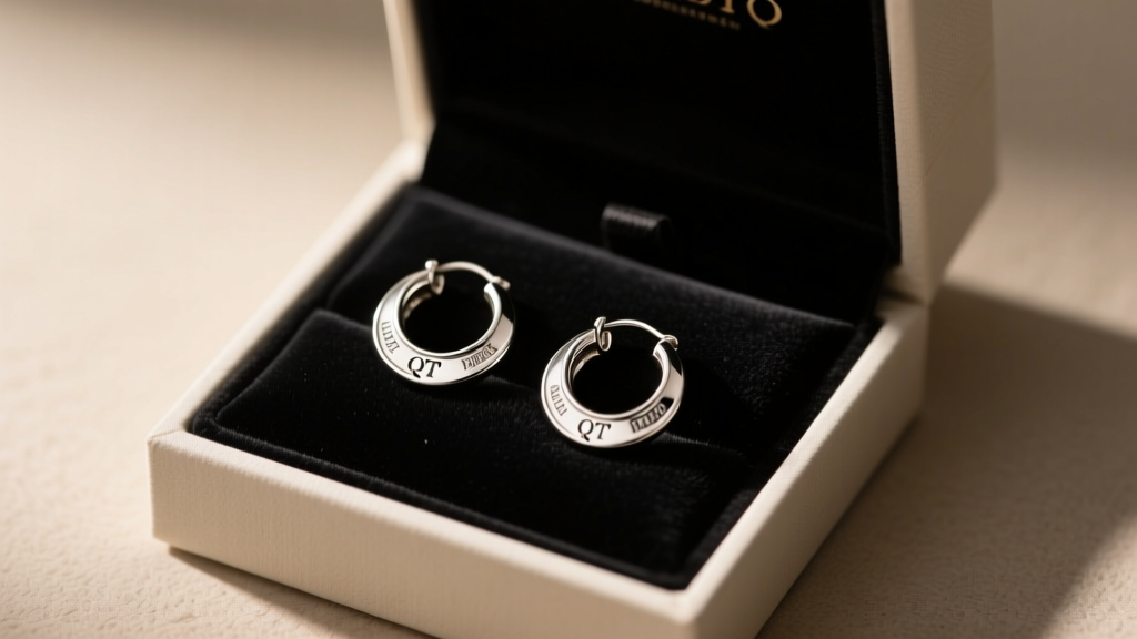Elegant gift box revealing vintage QT hallmark sterling silver hoop earrings resting on black velvet under soft warm light