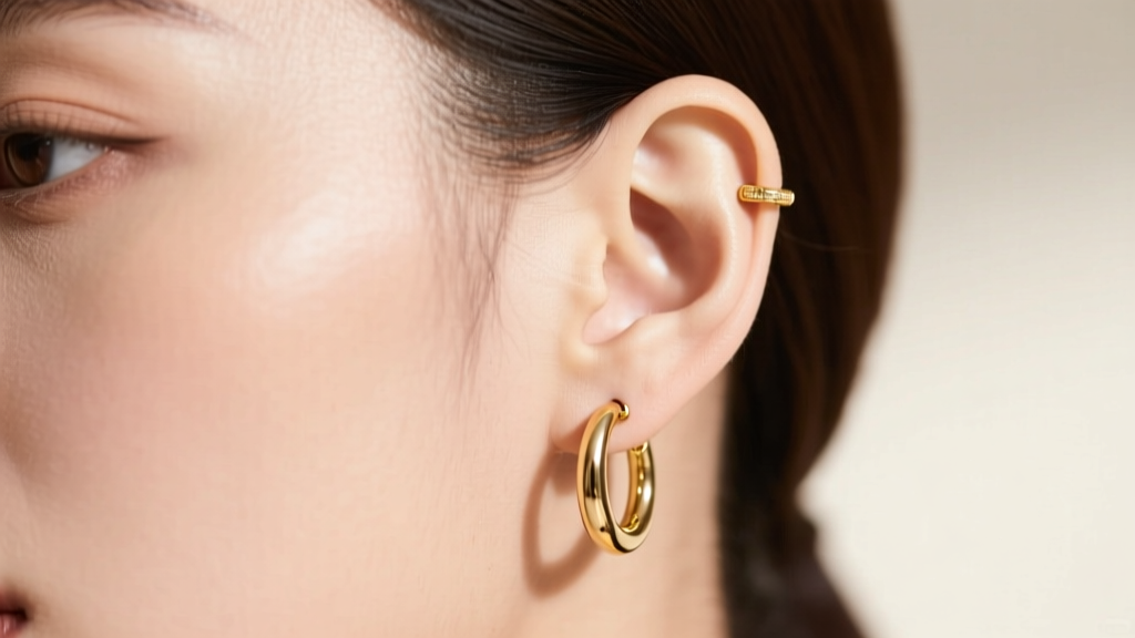 Ear styling layout showing a 30mm gold hoop in the primary lobe piercing and a smaller 10mm gold huggie in the upper cartilage.