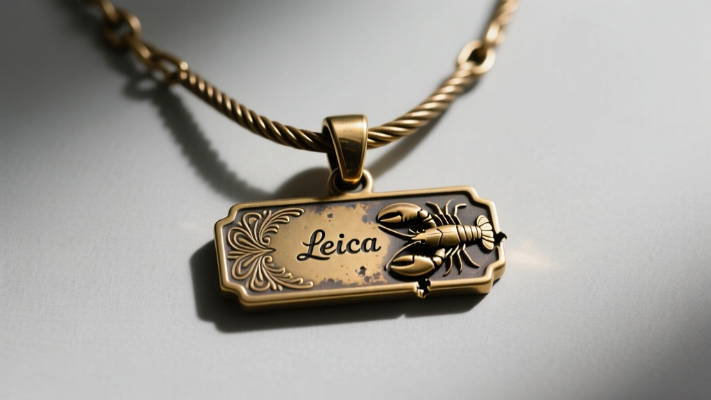 Overhead shot of a heavy brass name pendant attached to a thin, kinked cable chain with a damaged lobster clasp mechanism.