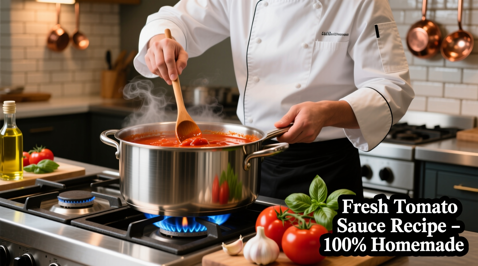 Chef preparing fresh tomato sauce in stainless steel pot
