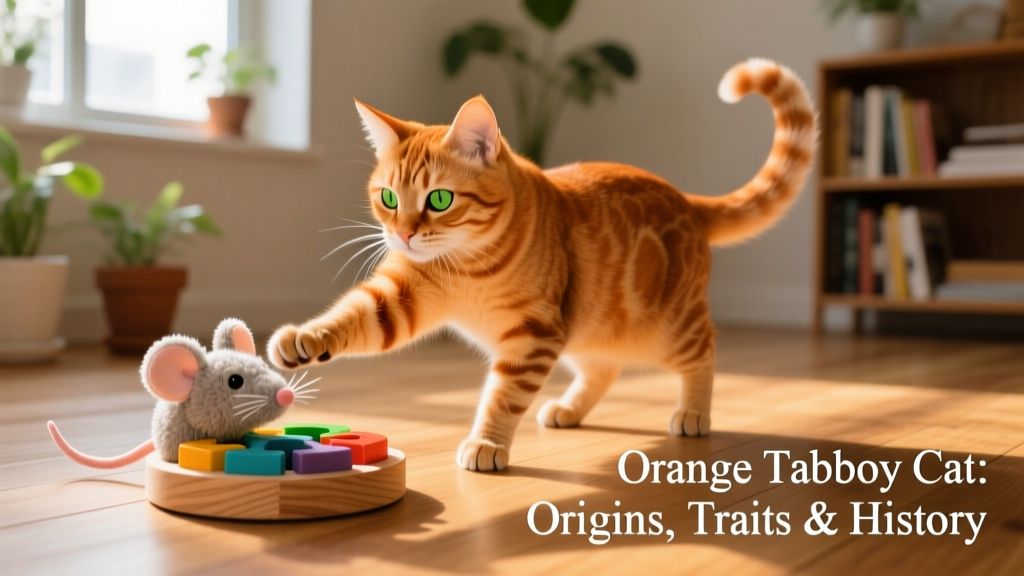 Orange tabby cat playing with a puzzle feeder and soft plush toy