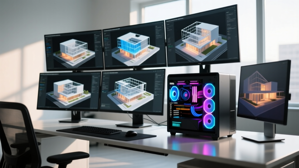 Custom PC workstation with glowing liquid cooling and multiple monitors displaying complex 3D BIM architectural models.