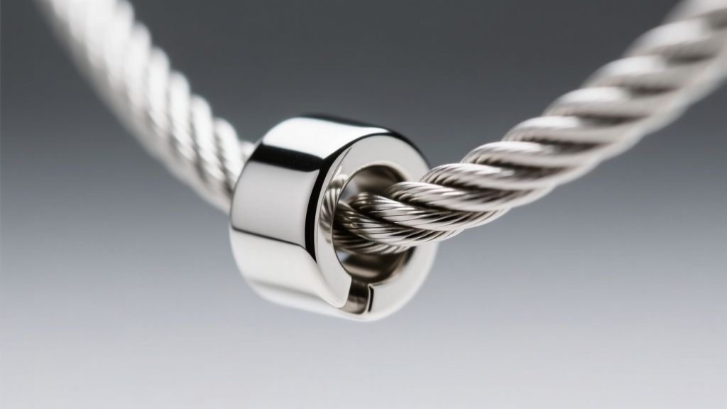 Extreme close-up of a titanium cable chain linking through a polished Argentium silver bail, highlighting metal grain and clasp.