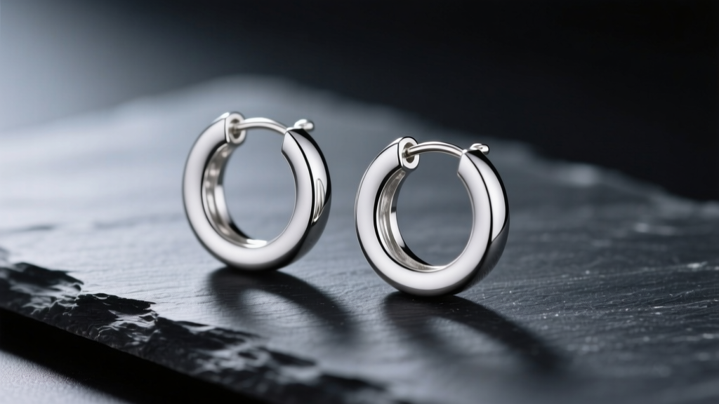 Macro shot of polished 925 sterling silver disk earrings resting on dark slate, reflecting soft studio lighting