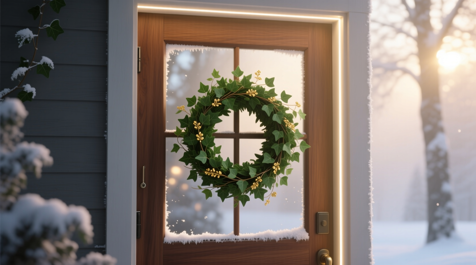 how to add subtle backlighting behind a wreath without visible wires or glare on front doors