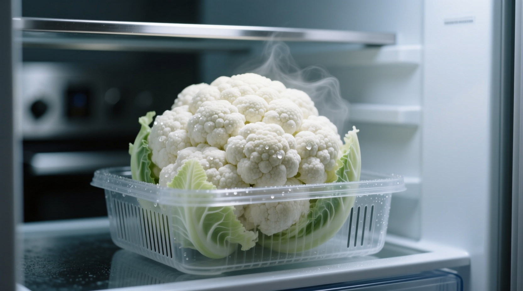 Fresh cauliflower stored in ventilated container in refrigerator