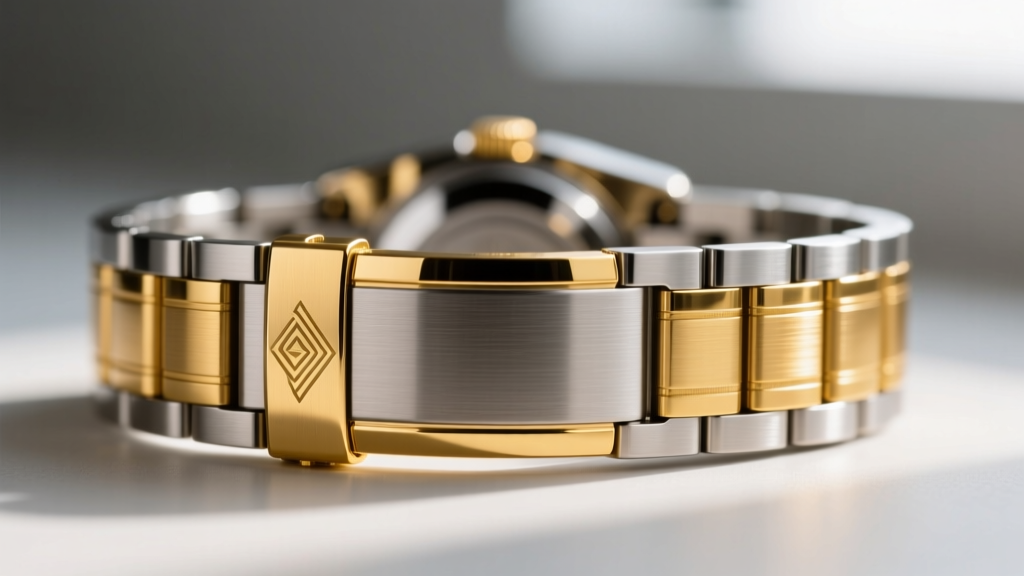 Macro shot of a 316L stainless steel bracelet clasp with thick PVD gold coating, showing precise machining and high polish shine