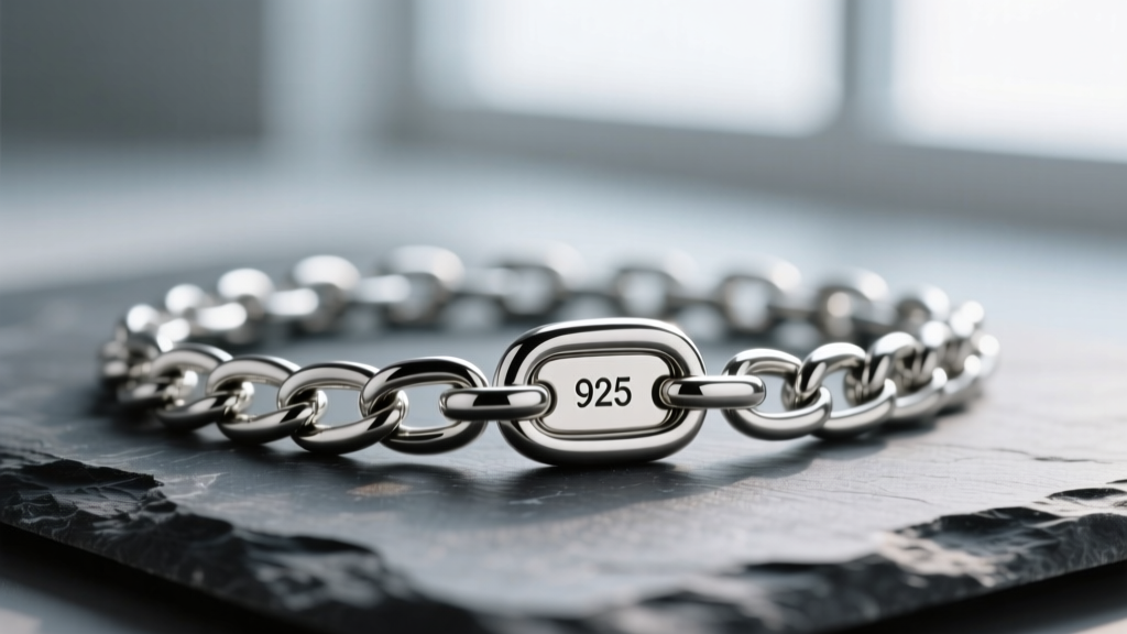 Macro view of a silver chain on slate, focusing on the tiny 925 hallmark stamp engraved on the polished metal lobster clasp