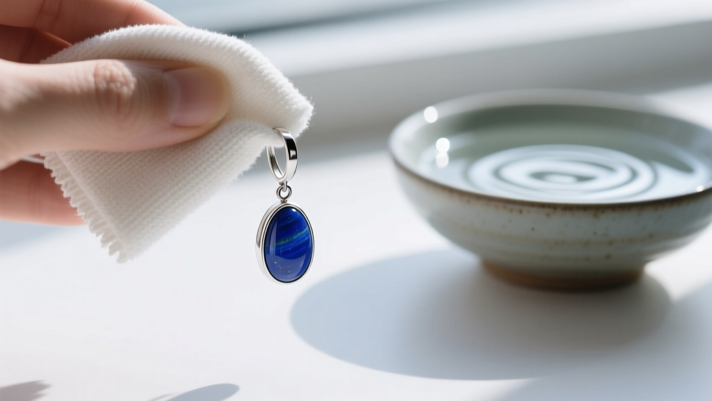 Soft microfiber cloth polishing a silver lapis lazuli drop earring, with a bowl of distilled water blurred in background.