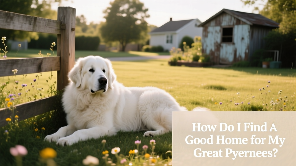 A calm, gentle Great Pyrenees resting beside a fenced backyard with open space