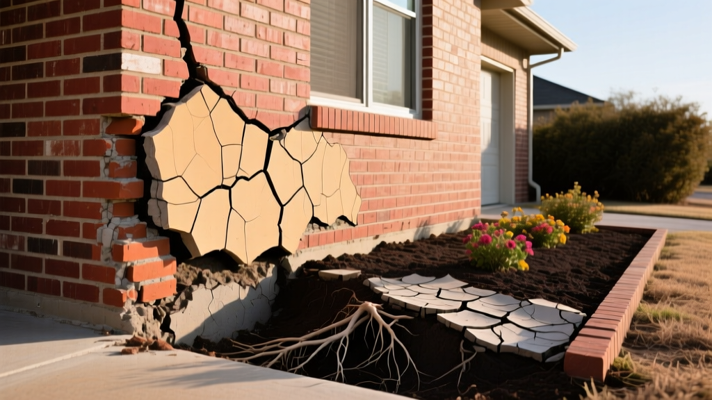 Cracked brick exterior wall of a Texas suburban home revealing severe foundation settlement near a dry expansive clay soil flowerbed