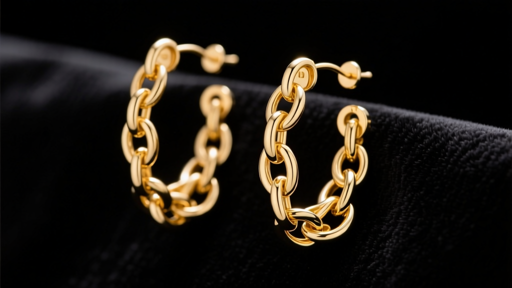 Macro shot of 14k gold shoulder duster earrings with cascading links, lit by soft studio light against a dark velvet backdrop