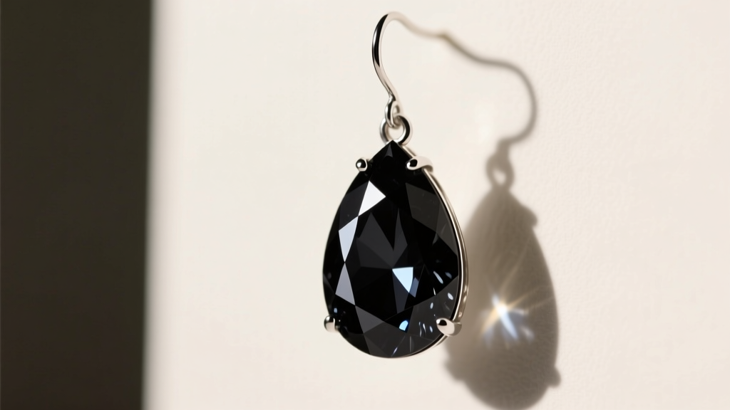 Macro shot of a faceted rose-cut black tourmaline drop earring, highlighting geometric facets and deep opaque black color